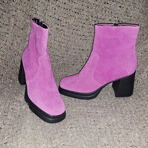 L'INTERVALLE-PARMA-Pink Suede Booties-Block Heel-Side Zip-Sz 39-NWOB